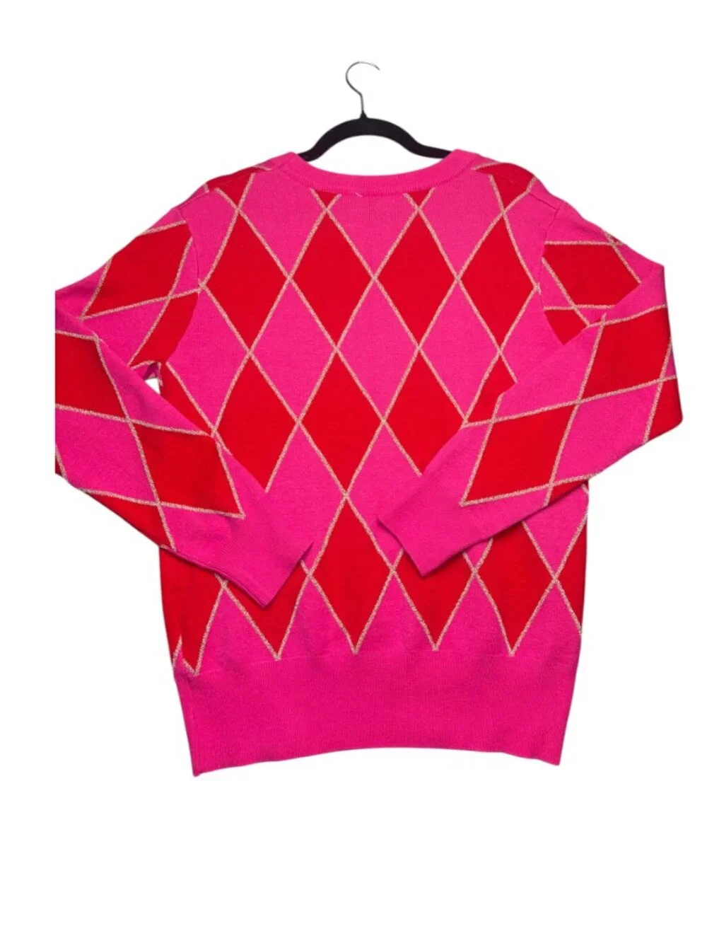 Women's Size M Sweater Red Pink Argyle Print Diamond Metallic Soft Cozy Preppy